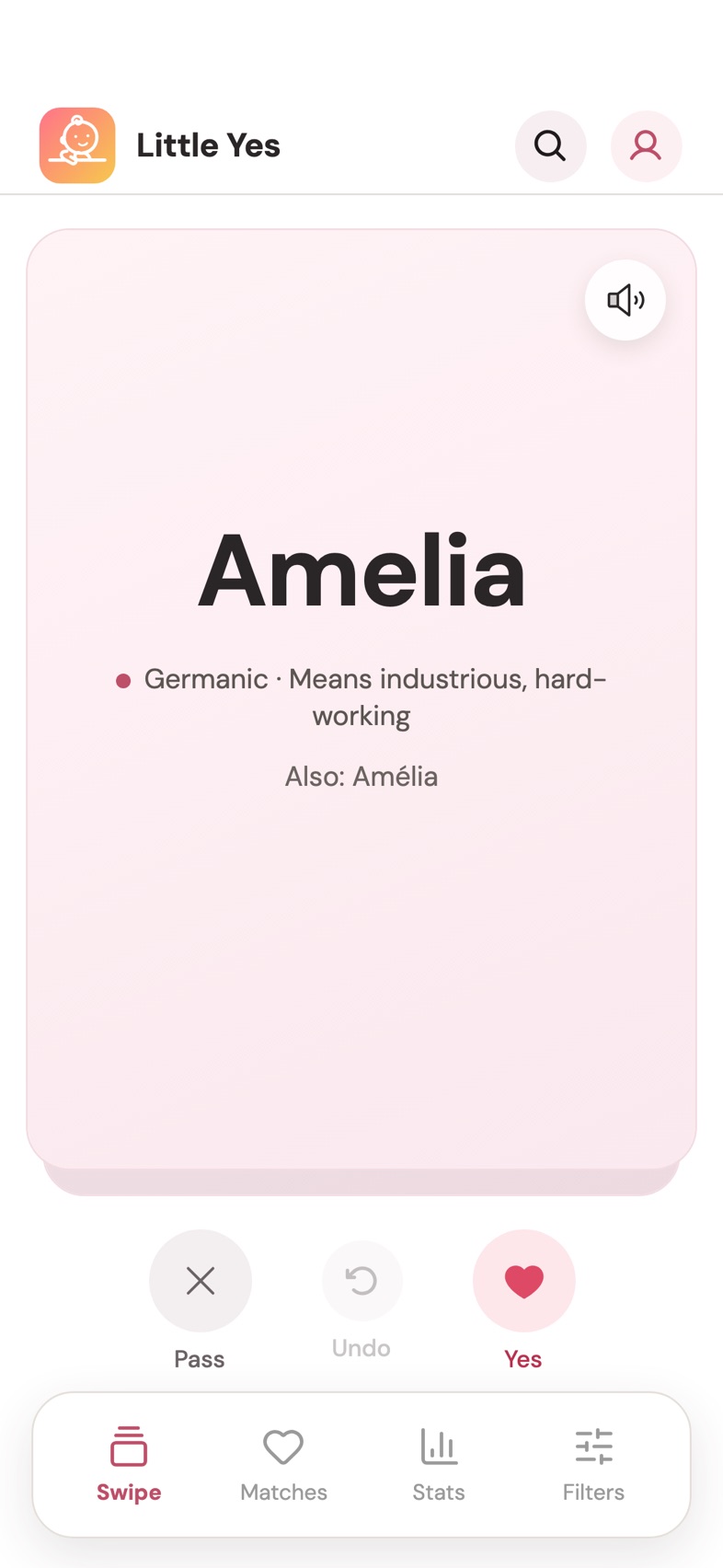 The Little Yes swipe screen with the name Amelia